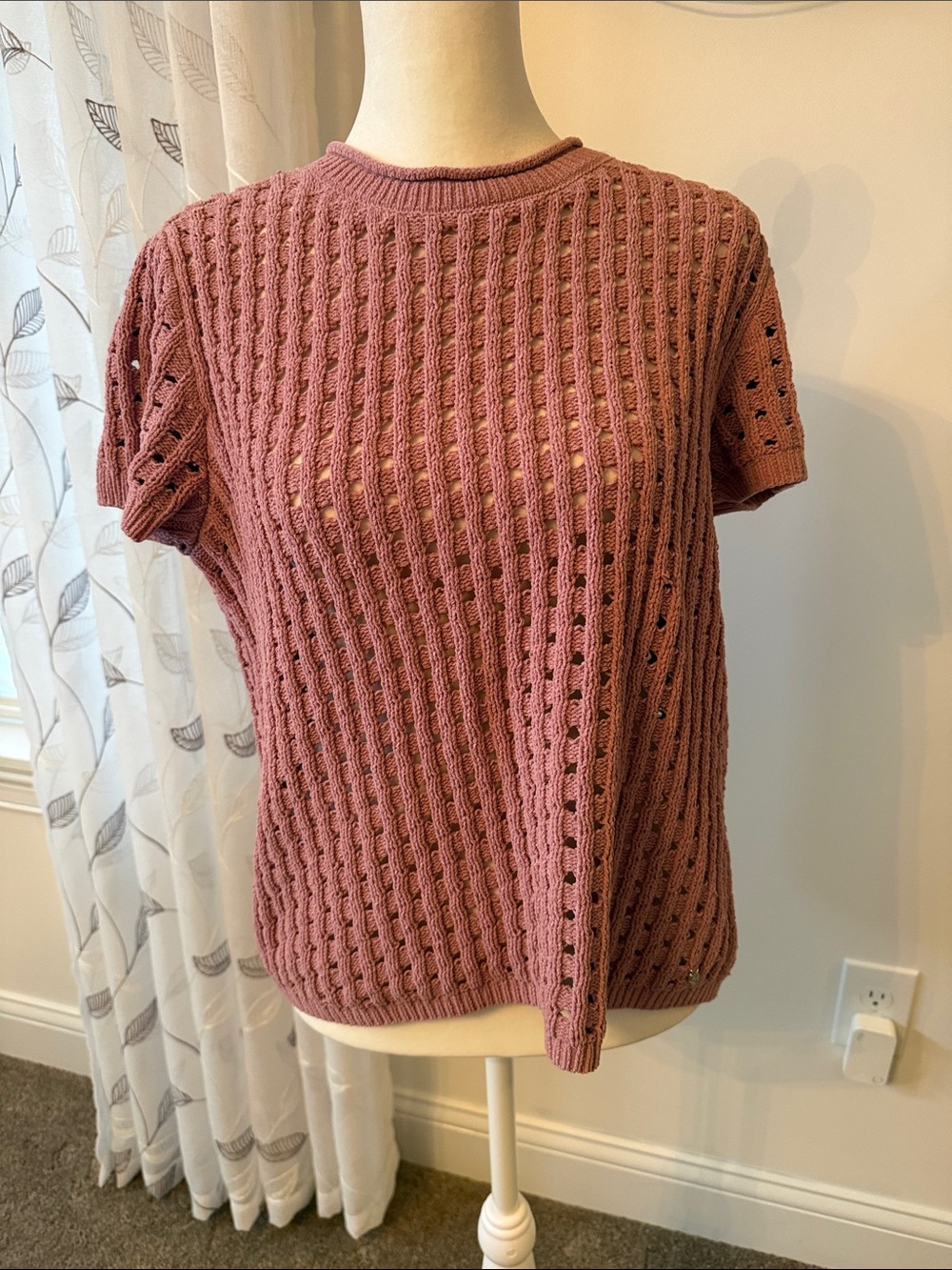 DKNY Women’s Rose Pink Open-Knit Crew Sweater
